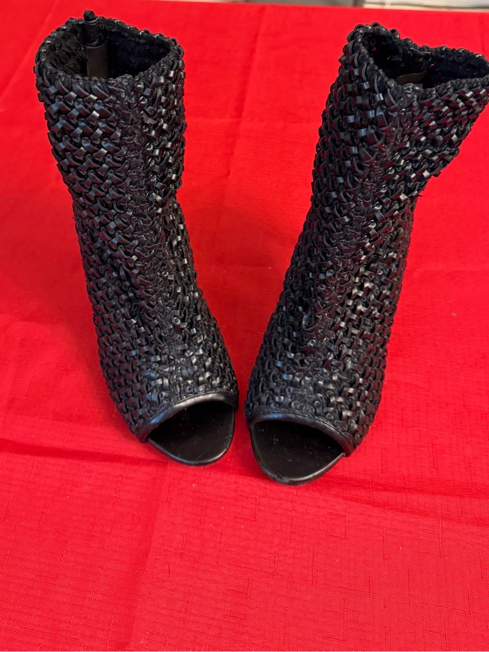 Zara Black Woven Peep-Toe Booties